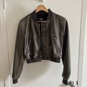 Cropped Faux Leather Bomber Jacket - Washed brown